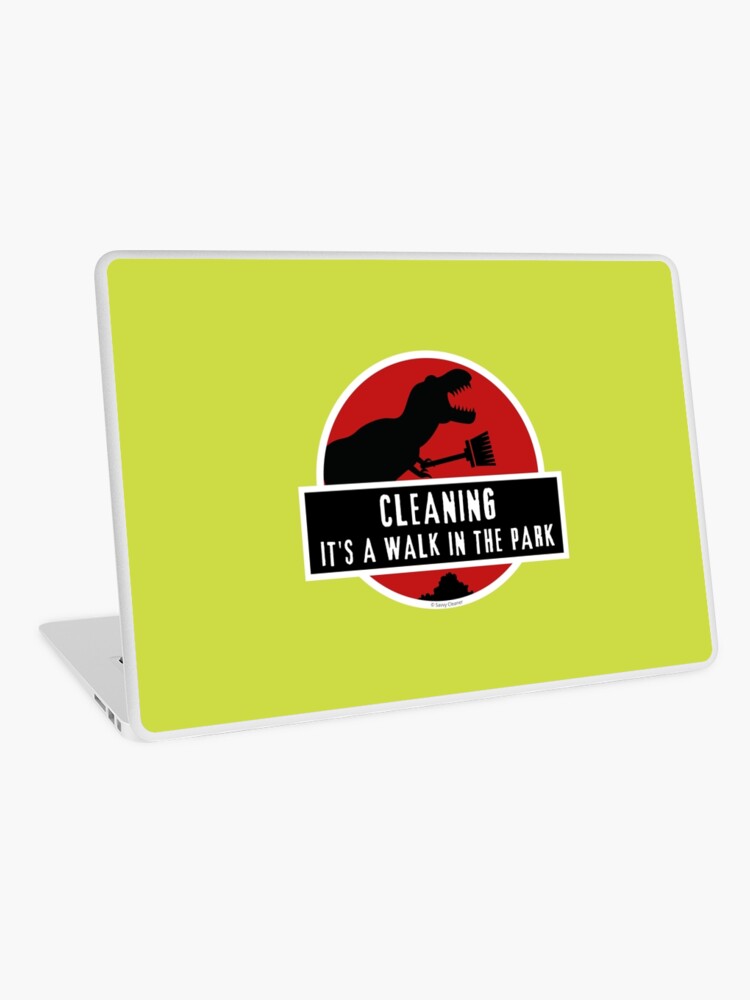 Thumbnail 1 of 2, Laptop Skin, Walk In The Park Dinosaur Broom Fun Cleaning Lady Gifts designed and sold by SavvyCleaner.