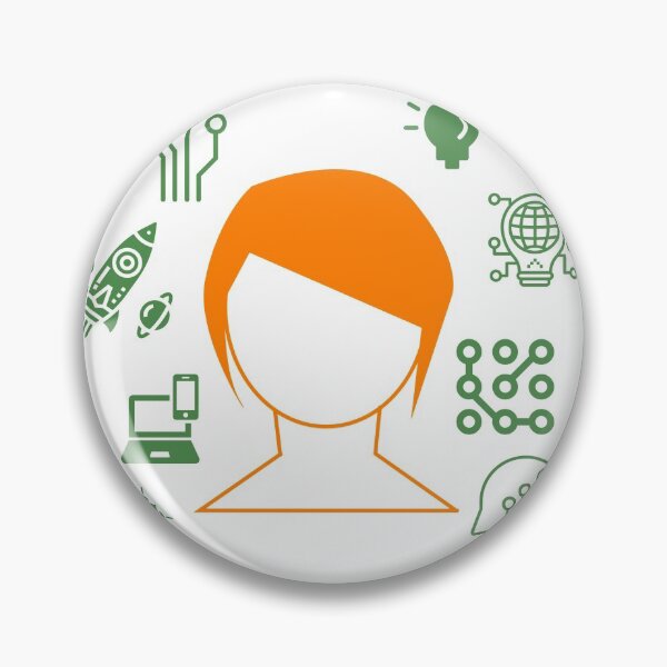 Item preview, Una mujer de pelo corto y muchos símbolos relacionados con la tecnología y la ciencia. designed and sold by FCEalin.