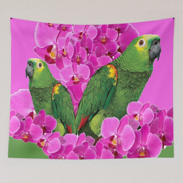 Aperçu de l'œuvre ABSTRAIT MACAWS VERTS CERISE ORCHIDÉES ROSE ART créée et vendue par sharlesart.