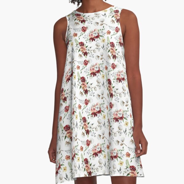 Southern Christmas Watercolor Floral & Cotton Boll Pattern A-Line Dress