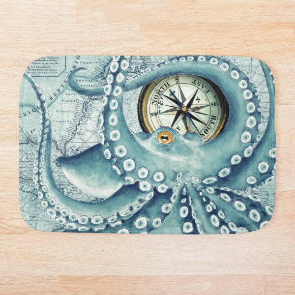 Octopus tentacles kraken vintage map teal compass Bath Mat