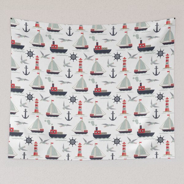 Item preview, Nautical Kids Sailboat, Seagull, Anchor, Tugboat & Lighthouse Pattern designed and sold by CyanSkyDesign.