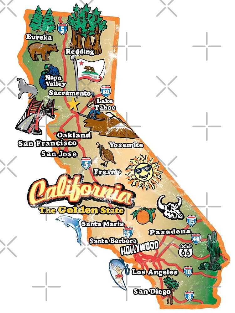 Vintage California State Map with Pictures (distressed