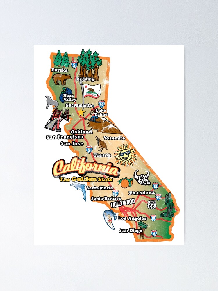 Vintage California State Map with Pictures (distressed) | Poster