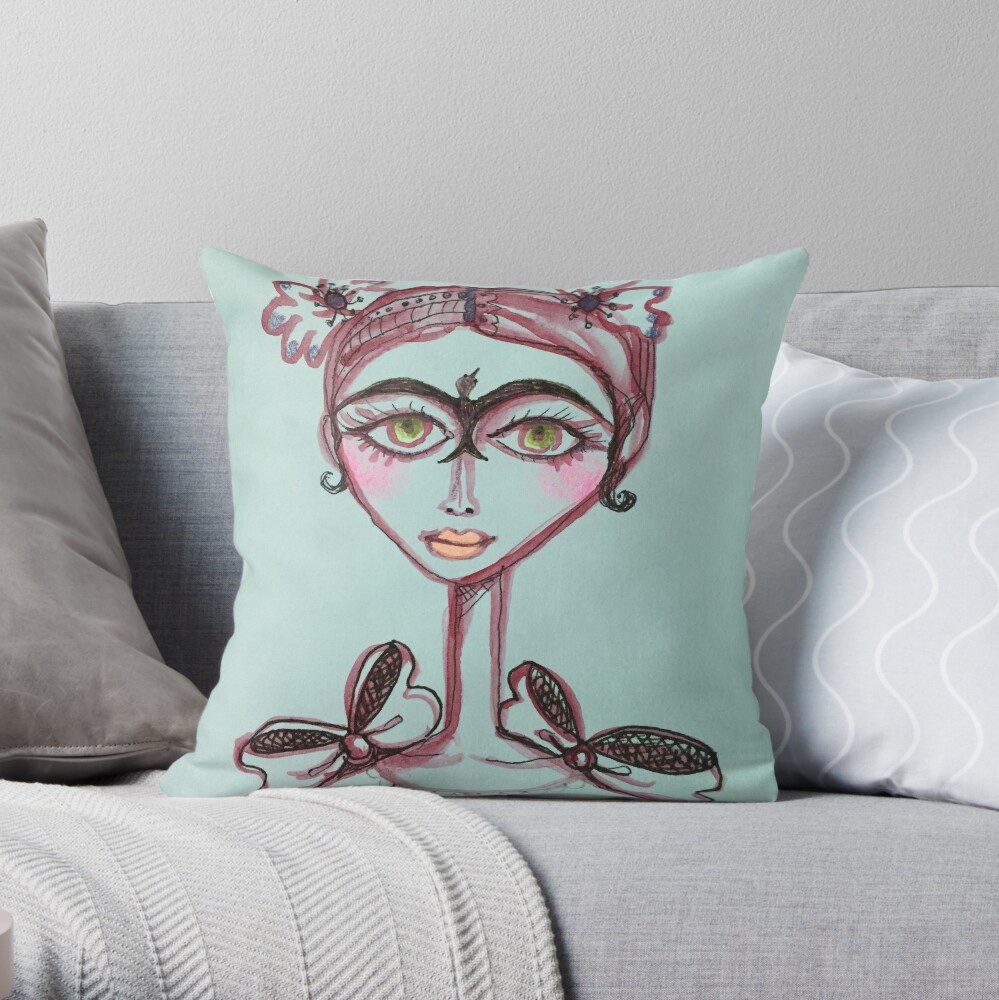 frida kahlo bird unibrow in brown meloearth portrait celebrity cute woman, mexican artist Throw Pillow