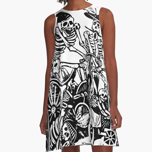 Calavera Cyclists | Day of the Dead | Dia de los Muertos | Skulls and Skeletons | Vintage Skeletons | Black and White |  A-Line Dress