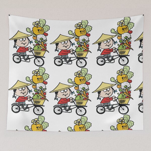 Item preview, Happy Chinese man riding bicycle carrying vegetables designed and sold by Al Benge - NZ & Australian Art.