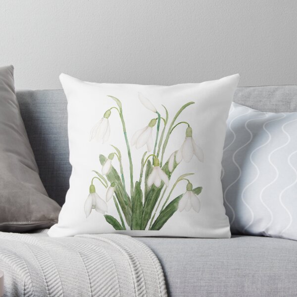 white snowdrop flower botanical watercolor painting Throw Pillow