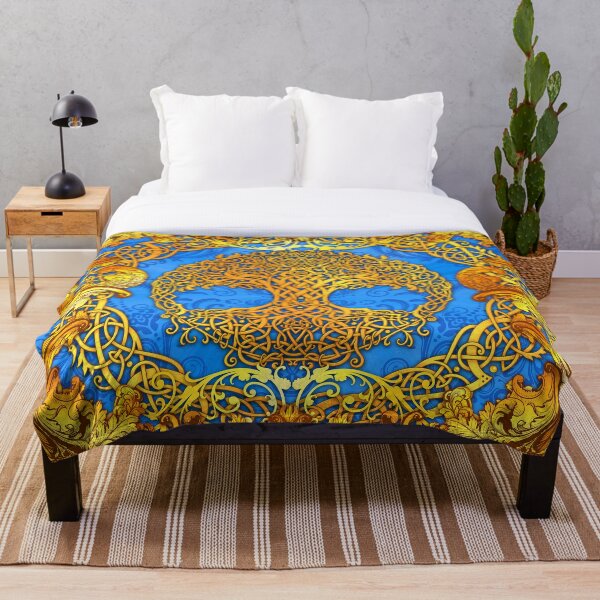 Tree of Life - Cyan & Gold Throw Blanket