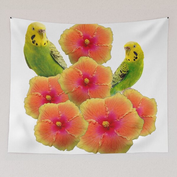 Item preview, YELLOW-GREEN PARAKEETS TROPICAL HIBISCUS FLORAL designed and sold by sharlesart.
