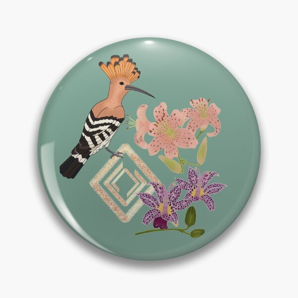 Item preview, Art deco style design with birds and flowers, featuring the Eurasian Hoopoe bird, tiger lily, raspberry mousse toad lily, canna pink sunburst, green designed and sold by Naty Design Prague.