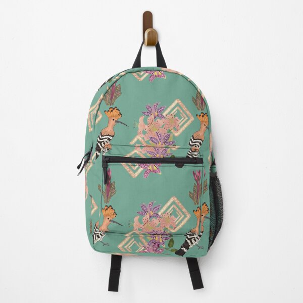 Item preview, Art deco style design with birds and flowers, featuring the Eurasian Hoopoe bird, tiger lily, raspberry mousse toad lily, canna pink sunburst, green designed and sold by Naty Design Prague.