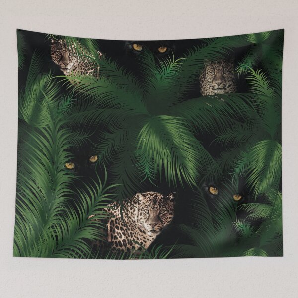 Item preview, eyes and leopards hidden in the spooky dark forest, green tropical leaves designed and sold by Beyhandesgn.