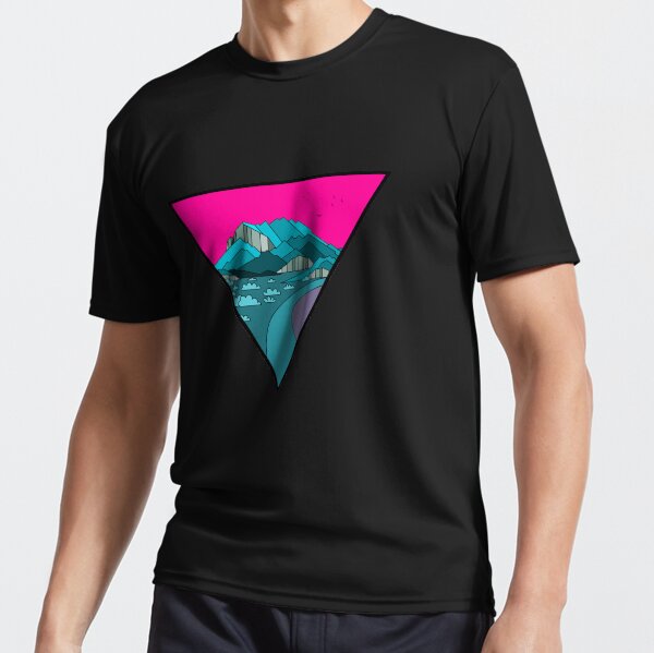 Hermoso paisaje con colores inusuales en un triángulo. Camiseta deportiva