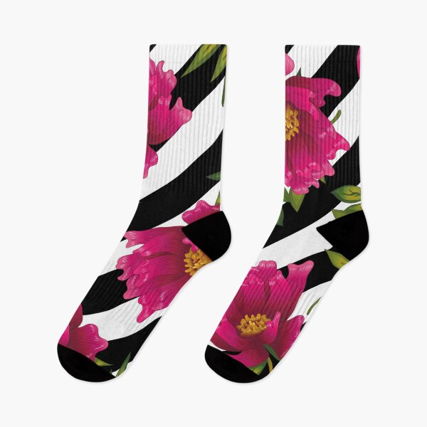Item preview, Deep pink peonies on black and white striped diagonal pattern designed and sold by fowons.