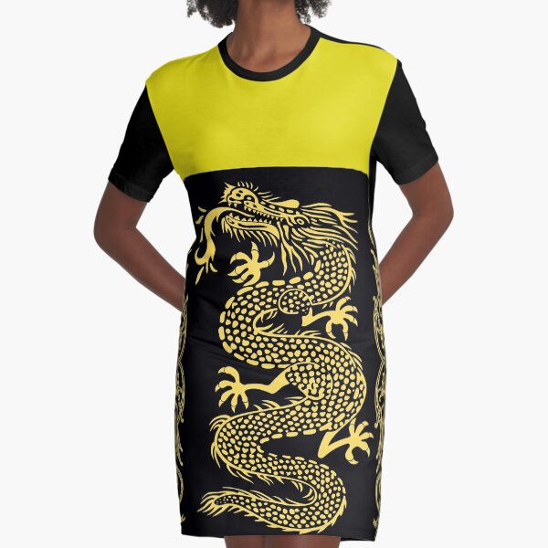 Yellow Dragon on Black - Cool Dragons Graphic T-Shirt Dress