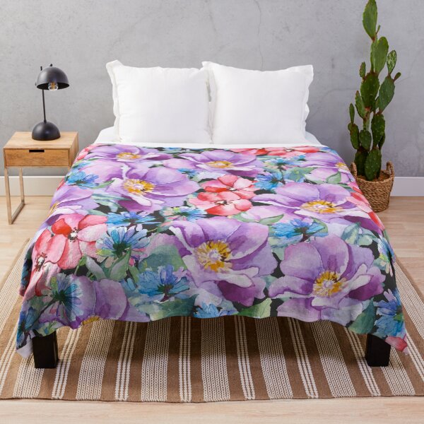 Item preview, Light purple peonies, red flowers and blue flowers on black designed and sold by fowons.