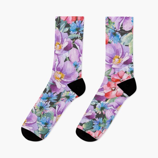 Item preview, Light purple peonies, red flowers and blue flowers on black designed and sold by fowons.