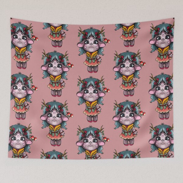 Item preview, Cartoon little troll with horns, sad girl in  strawberry skirt.	 designed and sold by LaraCoolart.