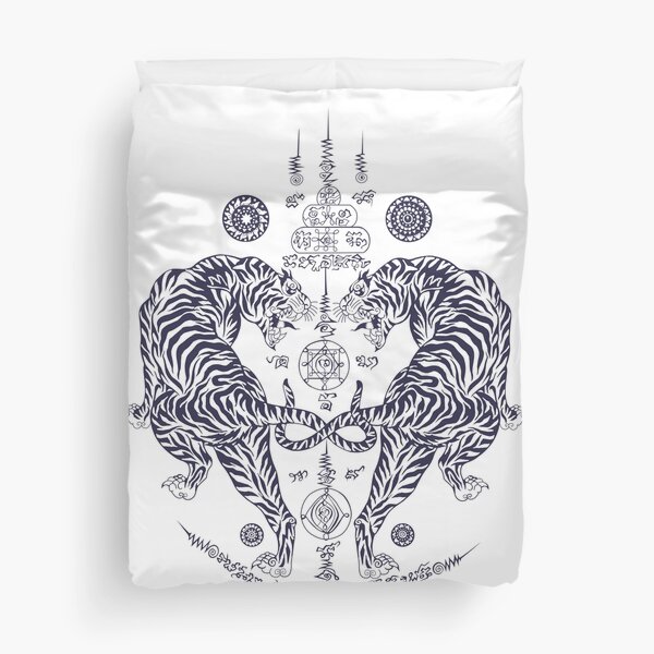 Thai Traditional Art of Talisman Twin Tigers - Dark Blue Design Duvet Cover