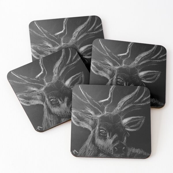 Scottish Stag Silver metallic pencil drawing on black background  Coasters (Set of 4)