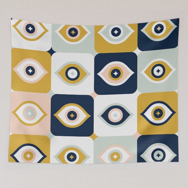 Item preview, Checkered Retro Eyes – Ochre, Mint & Navy designed and sold by Cat Coquillette.