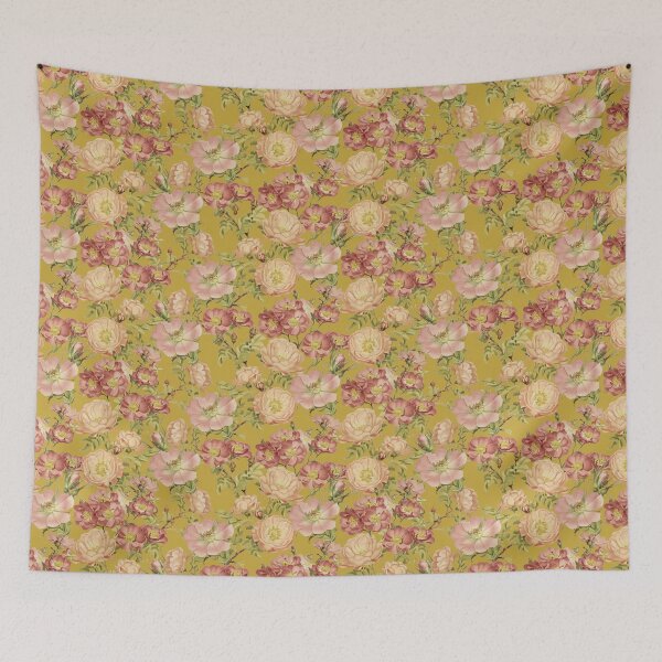 Item preview, Vintage pink roses on mustard  designed and sold by Clara’s.
