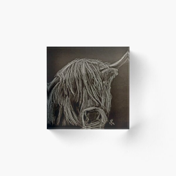 Highland Cow silver metallic pencil drawing on black background Acrylic Block
