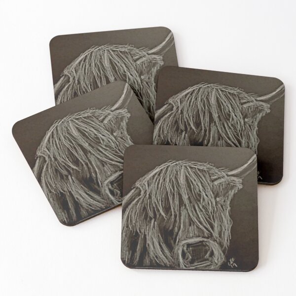 Item preview, Highland Cow silver metallic pencil drawing on black background designed and sold by WorldOfWendyArt.
