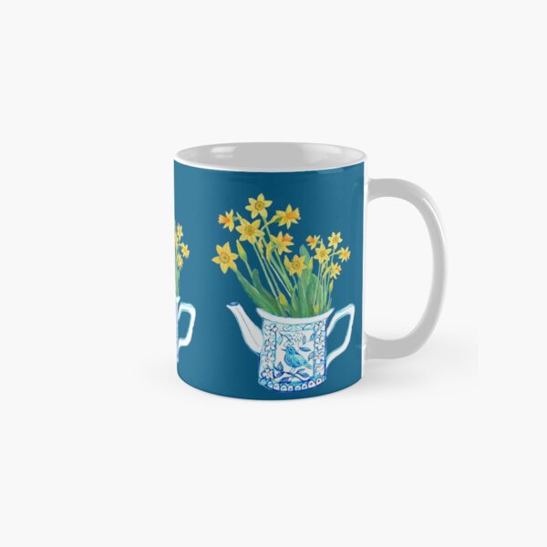 Daffodil watercolor in blue and white teapot Classic Mug