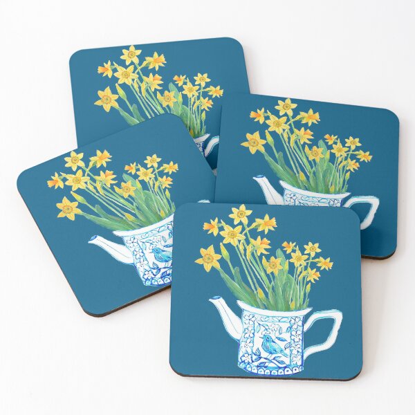 Item preview, Daffodil watercolor in blue and white teapot designed and sold by MagentaRose.