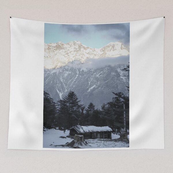 Item preview, A small hut in the snowy valley beside the mountain in the early morning and the the sun rays making the top of the mountain shine bright in Sikkim, India  designed and sold by FCEalin.