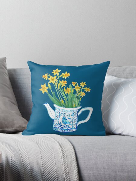 Item preview, Daffodil watercolor in blue and white teapot designed and sold by MagentaRose.