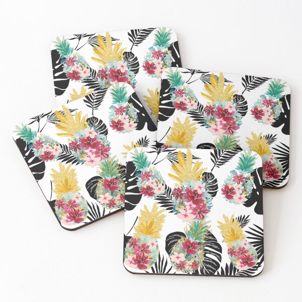Item preview, Beautiful floral and gold pineapple pattern with exotic black leaves  designed and sold by ritapestaninha.