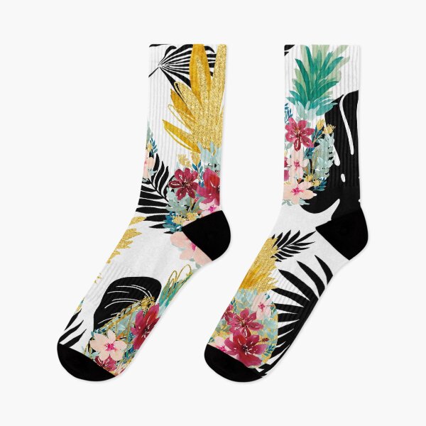 Item preview, Beautiful floral and gold pineapple pattern with exotic black leaves  designed and sold by ritapestaninha.