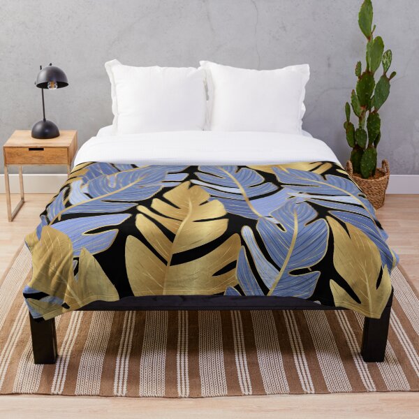 Item preview, Blue and gold tropical leaves designed and sold by fowons.
