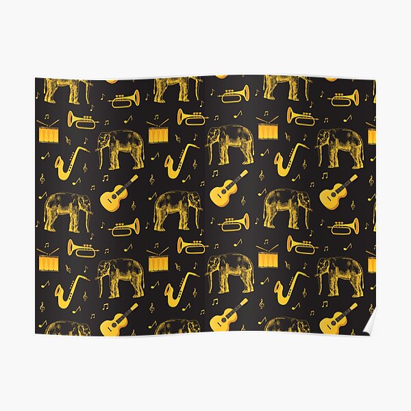 Pattern with elephants and music instruments INCOGNITO ELEPHANT CLUB POLAND Poster