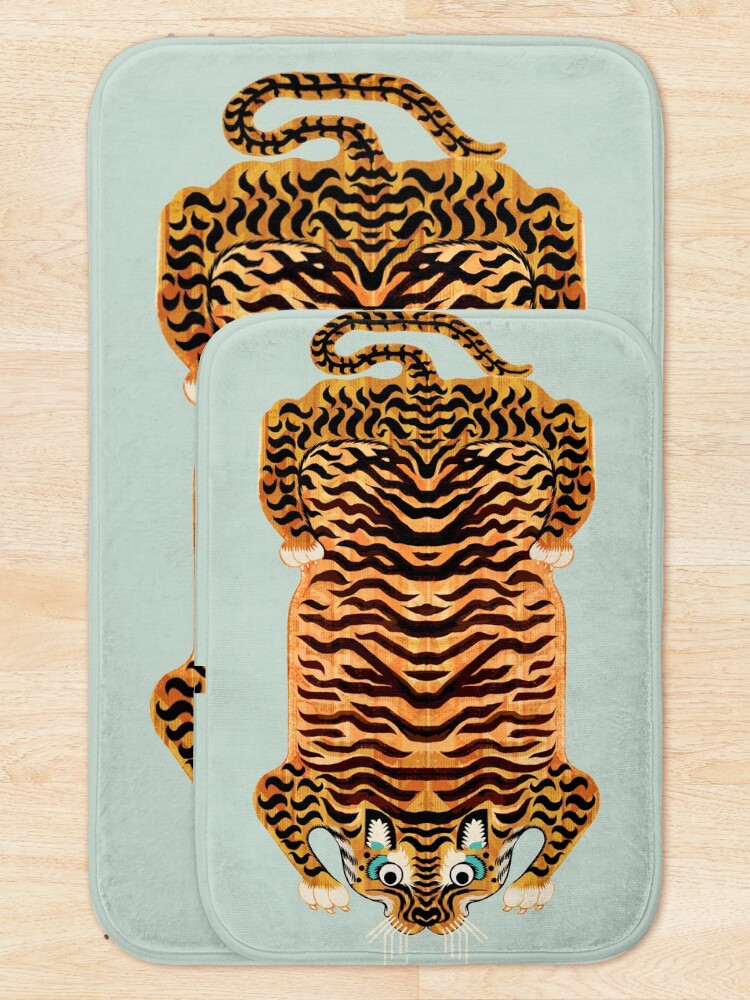 Thumbnail 5 of 6, Bath Mat, Cute Golden Tibetan Tiger Rug in Sage designed and sold by Giddygoatthe3rd.