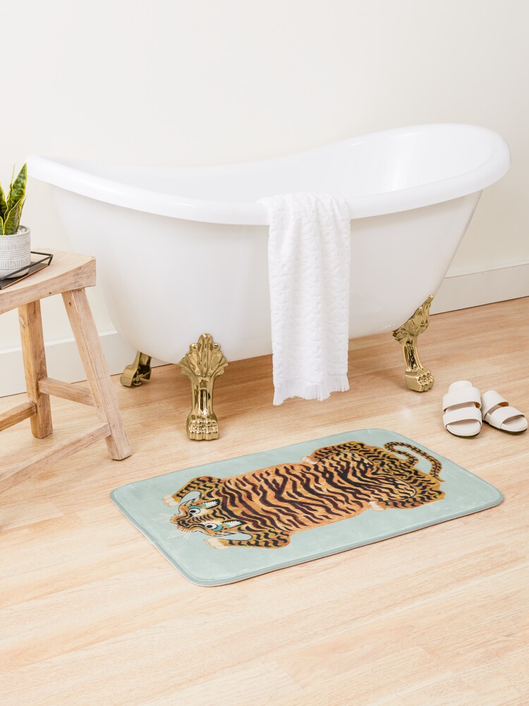 Thumbnail 1 of 6, Bath Mat, Cute Golden Tibetan Tiger Rug in Sage designed and sold by Giddygoatthe3rd.