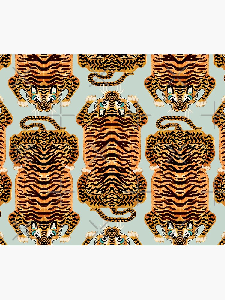Disover Cute Golden Tibetan Tiger Rug in Sage Shower Curtain
