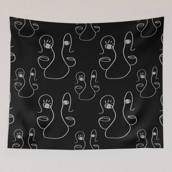 Item preview, Seamless pattern, contour line, fantasy faces of a man and a woman, profile, Black background. designed and sold by UVI-CA.