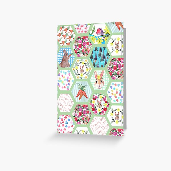 Spring Rabbit Floral Patchwork hexagons Greeting Card