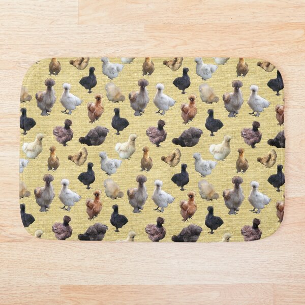 Aperçu de l'œuvre Farmhouse Silkie Bantams sur toile de jute jaune paille de jute créée et vendue par StandoutSilkies.