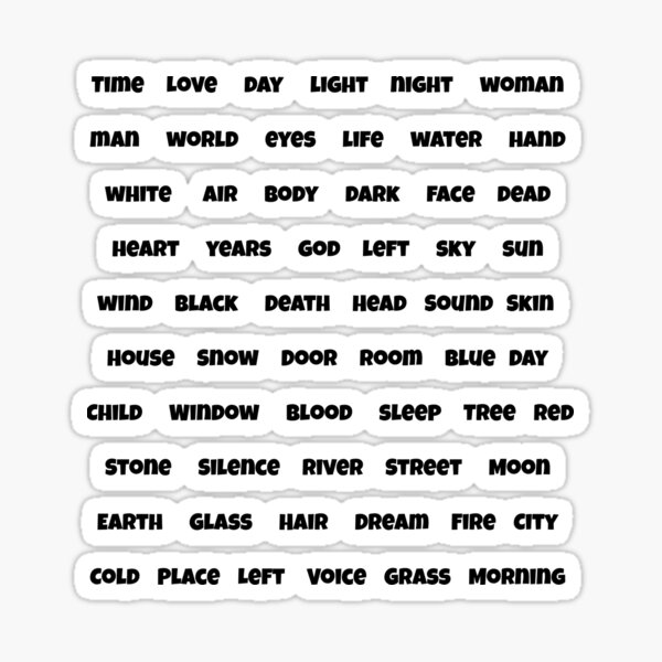 Top 60 most used nouns used in poetry for word stickers or magnets Sticker  for Sale by j9gothbe