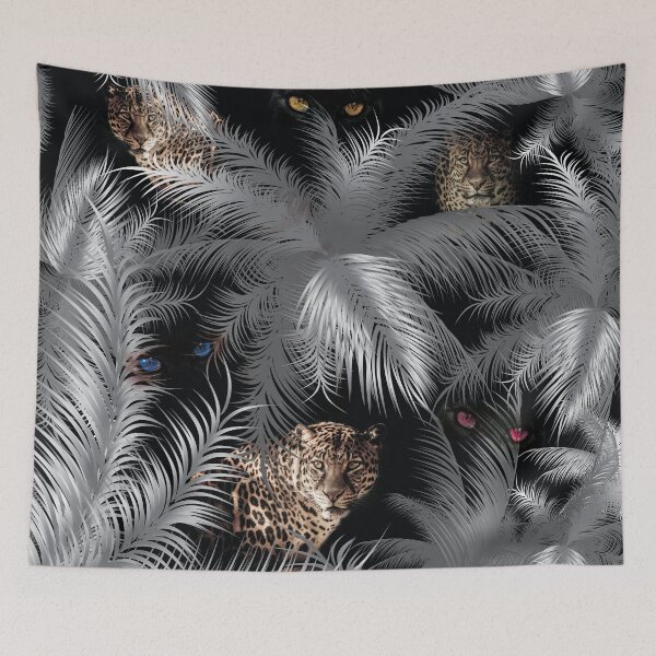 Item preview, Copy of eyes and leopards hidden in the spooky dark forest, green tropical leaves designed and sold by Beyhandesgn.