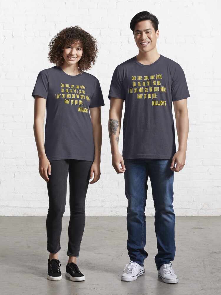 grey shirt with yellow writing