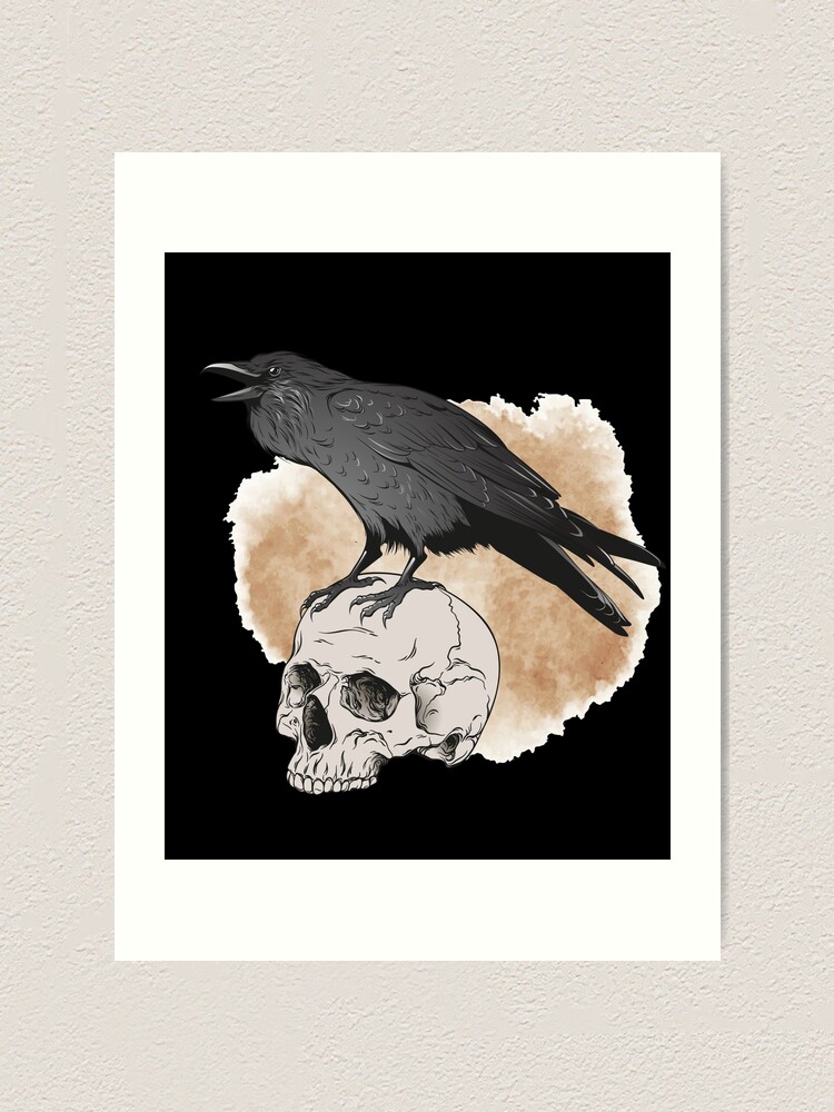 Vintage Black Raven on Skull Black Crow with Skull Raven