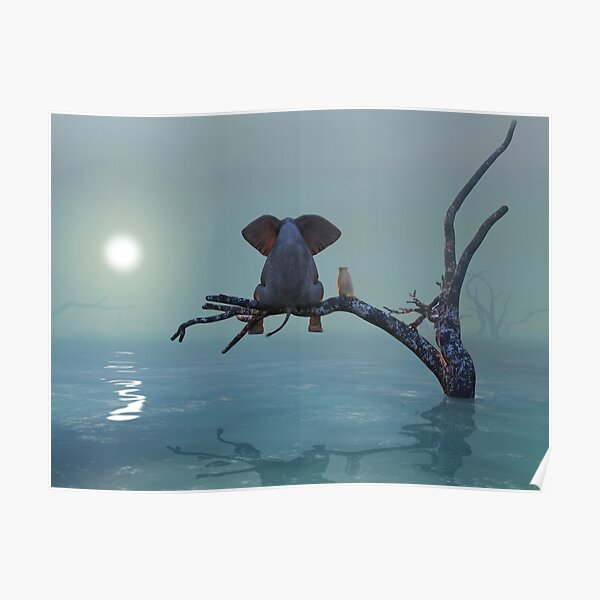 elephant and dog sit on a tree during a flood 3 Poster