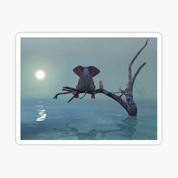 elephant and dog sit on a tree during a flood 3 Sticker