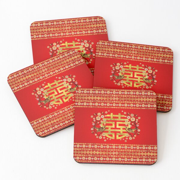 Item preview, Gold Double Happiness Symbol with flowers and birds designed and sold by k9printart.